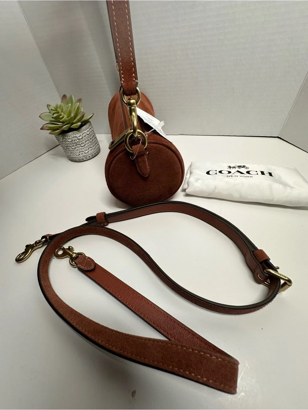 Coach Brown Suede Cylindrical Crossbody Bag with Leather Strap